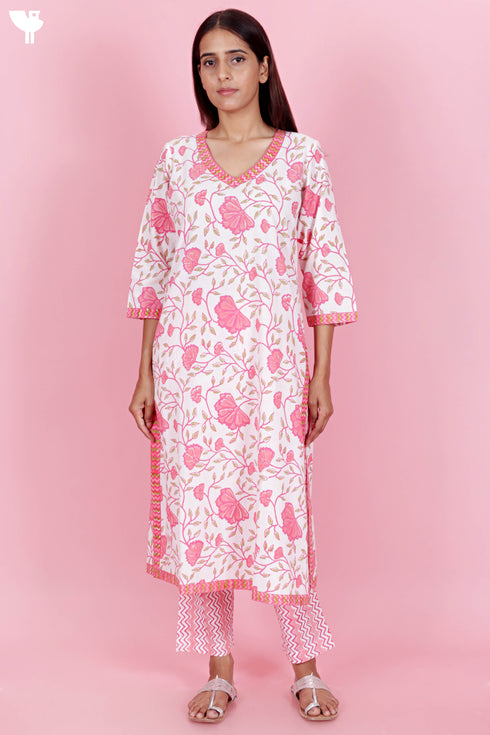 Cotton Kurta Pant Set With Kota Dupatta In Block Print